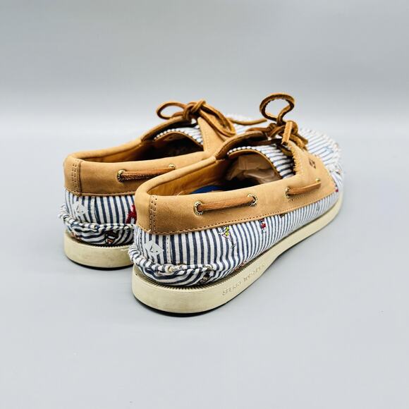 Sperry Shoes Womens 8.5 Blue White Stripe Leather Boat Nautical Embroidered - Picture 8 of 12